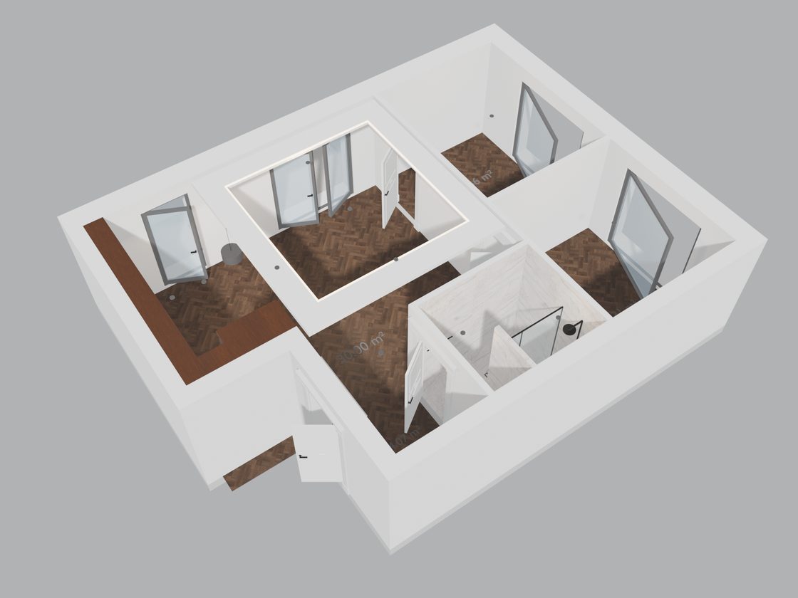 A 3-room apartment rendered in 3D, seen from above